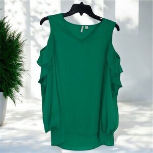 Cato Green Ruffled Cold Shoulder Cut Out Blouse